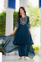 Teal Blue Handwork Mal Chanderi Suit Set with Dupatta