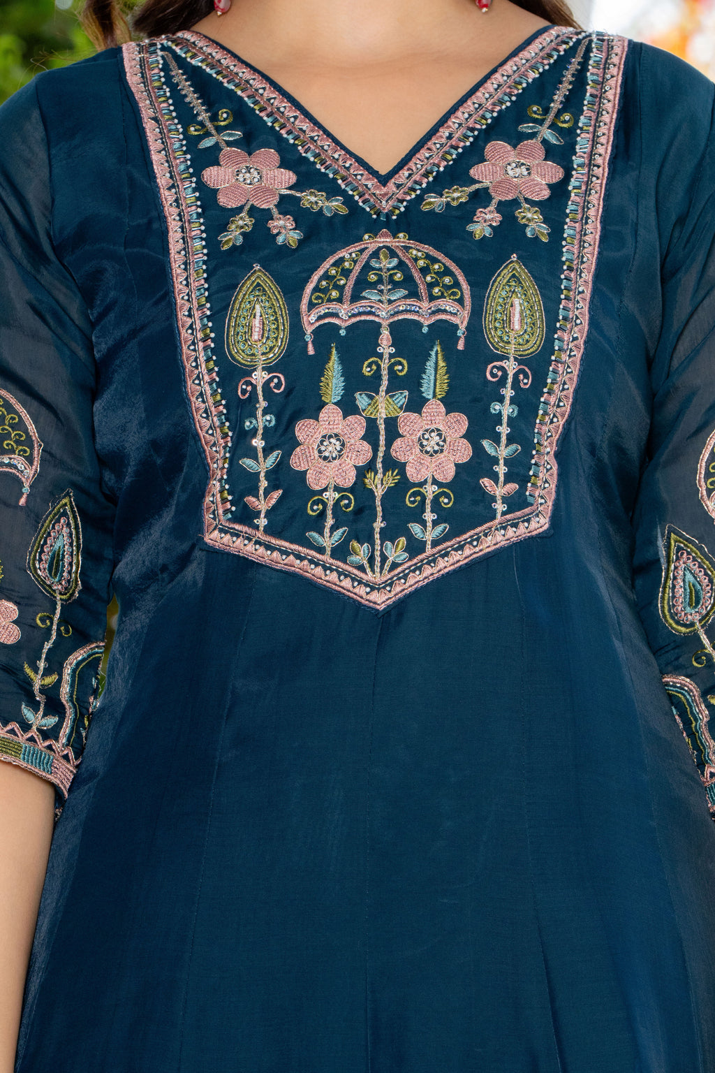 Teal Blue Handwork Mal Chanderi Suit Set