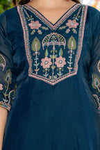 Teal Blue Handwork Mal Chanderi Suit Set with Dupatta