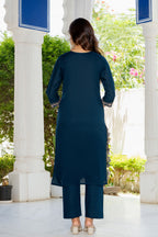 Navy Blue Embroidered Cotton Suit Set with Dupatta