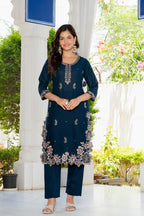 Navy Blue Embroidered Cotton Suit Set with Dupatta