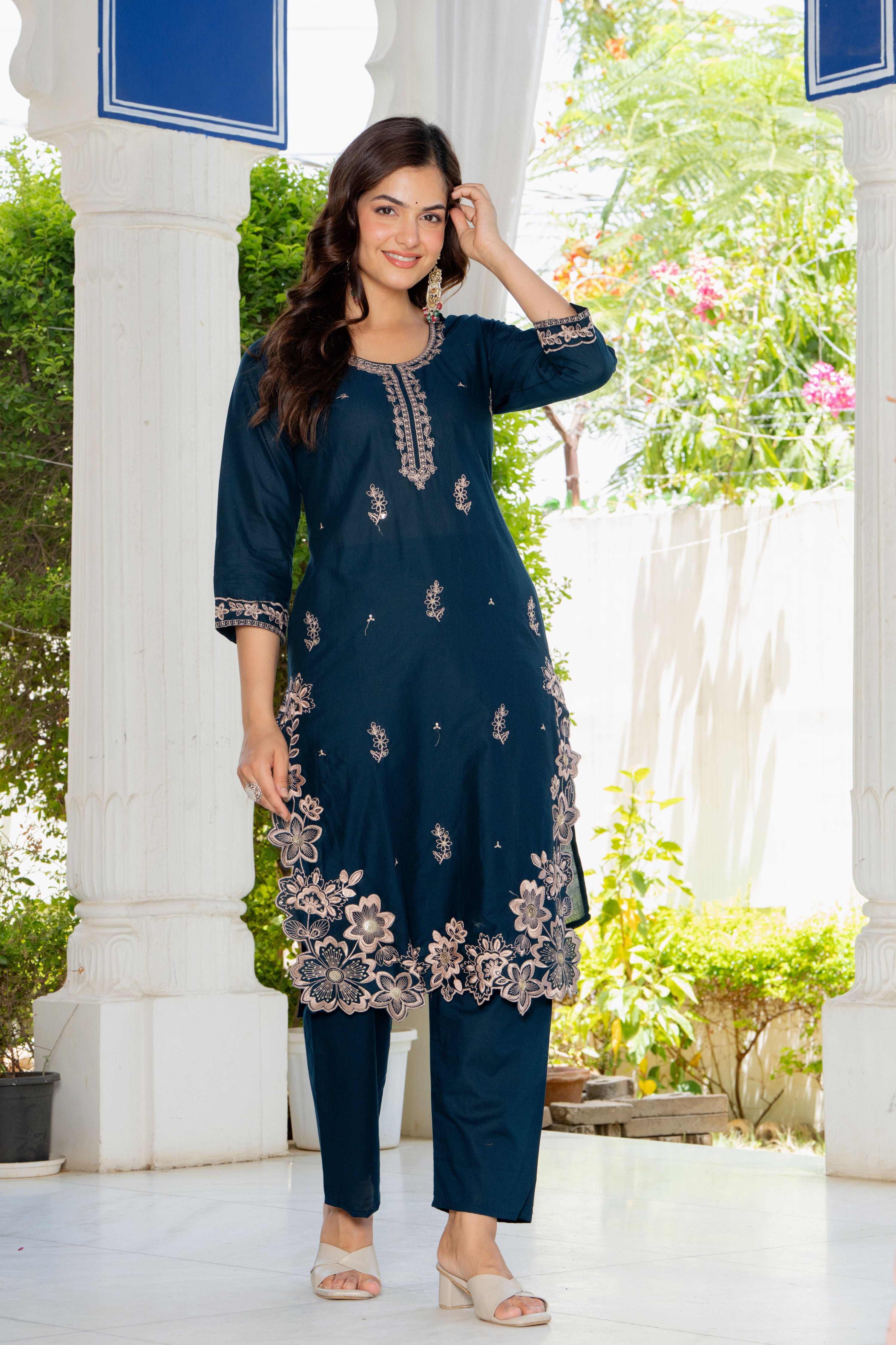 Navy Blue Embroidered Cotton Suit Set