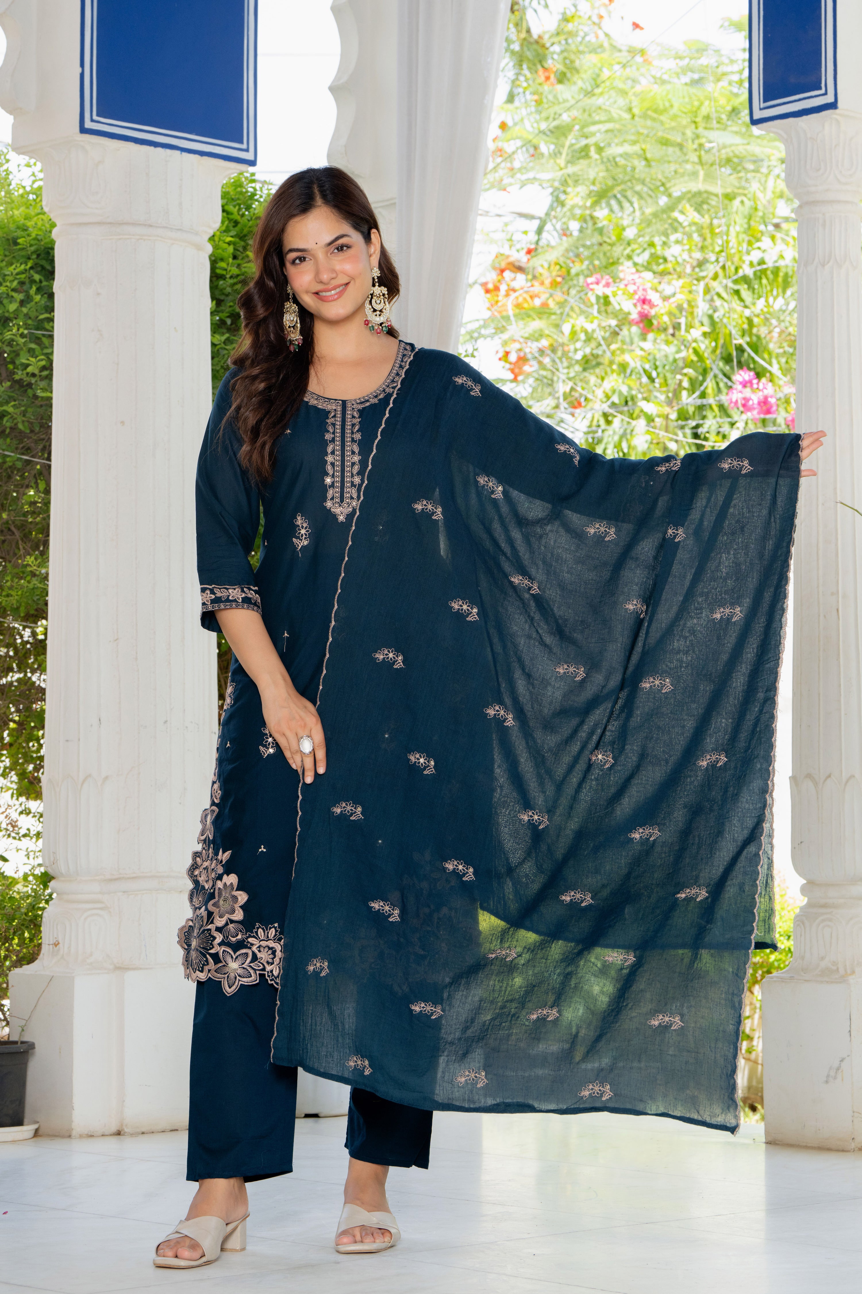 Navy Blue Embroidered Cotton Suit Set