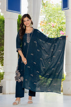 Navy Blue Embroidered Cotton Suit Set with Dupatta