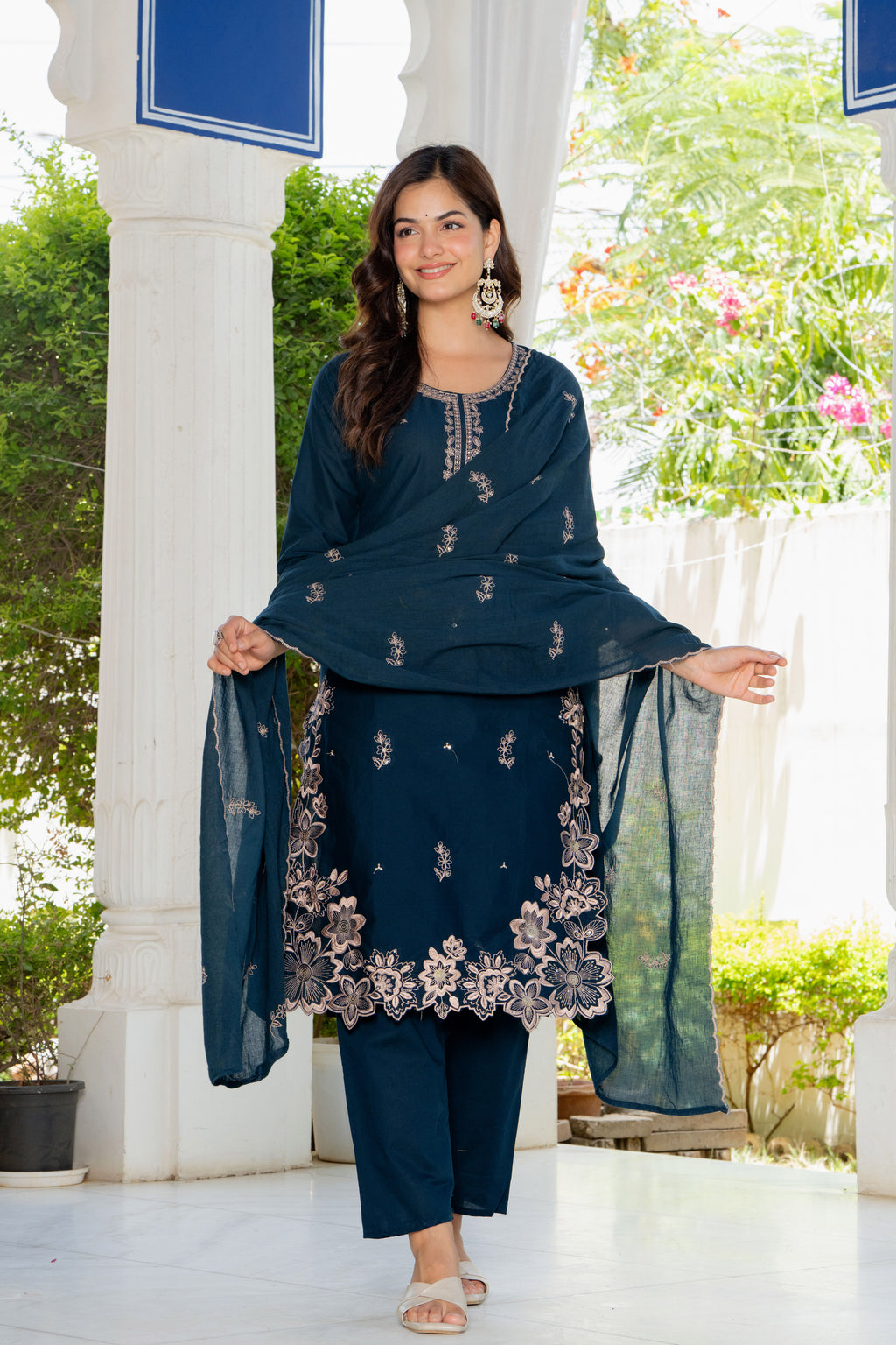 Navy Blue Embroidered Cotton Suit Set