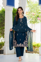 Navy Blue Embroidered Cotton Suit Set with Dupatta