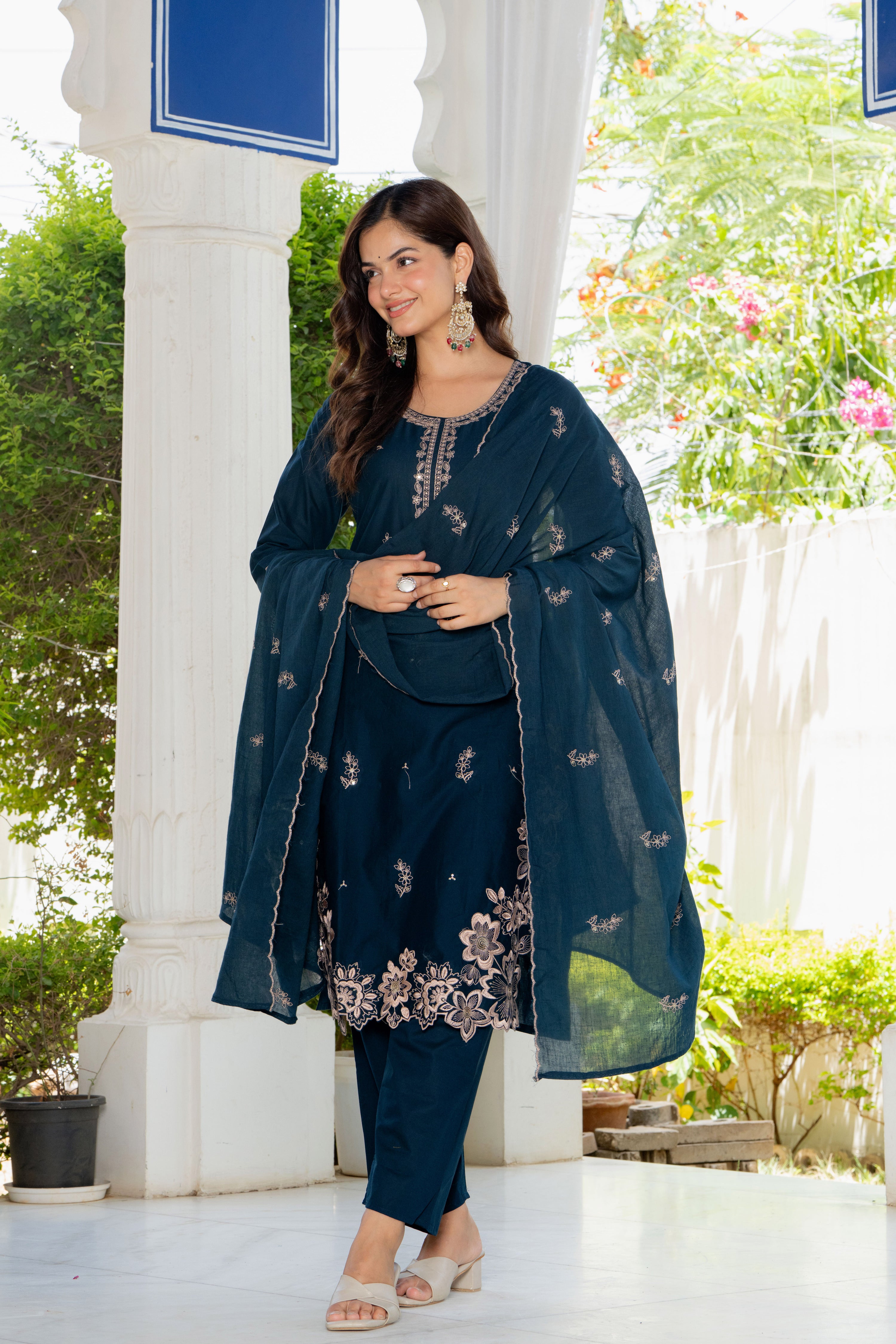 Navy Blue Embroidered Cotton Suit Set