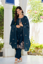Navy Blue Embroidered Cotton Suit Set with Dupatta