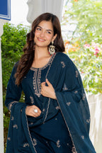 Navy Blue Embroidered Cotton Suit Set with Dupatta