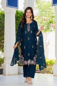 Navy Blue Embroidered Cotton Suit Set