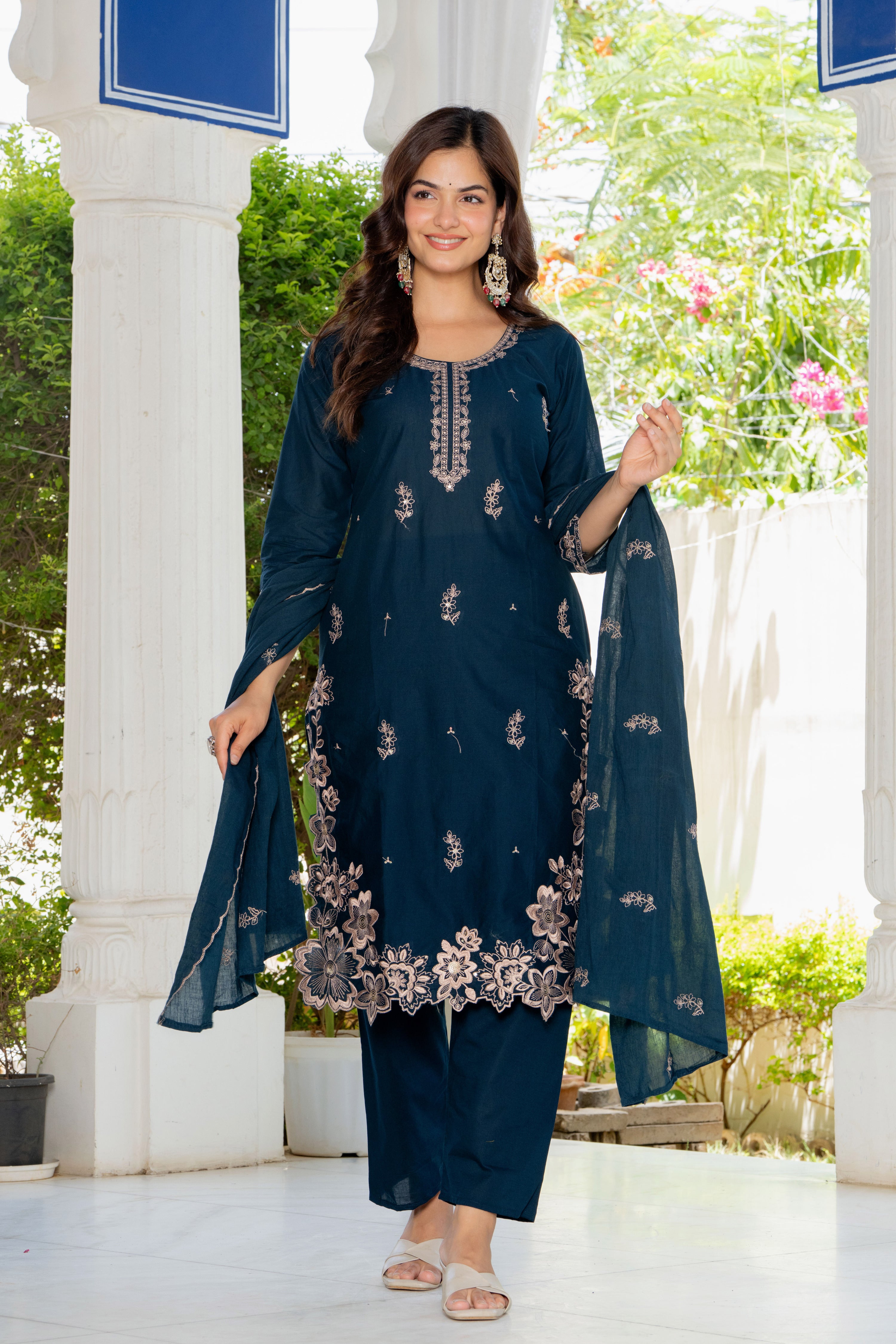 Navy Blue Embroidered Cotton Suit Set