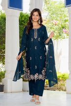 Navy Blue Embroidered Cotton Suit Set with Dupatta
