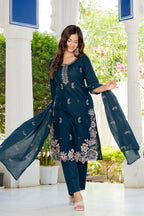 Navy Blue Embroidered Cotton Suit Set with Dupatta