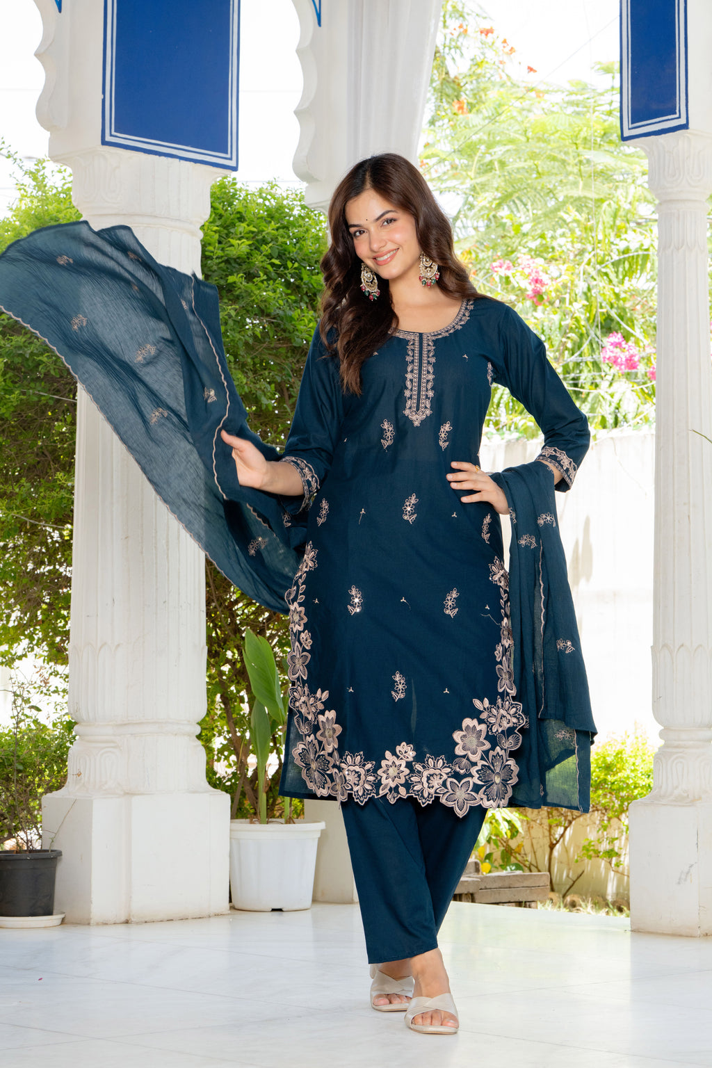 Navy Blue Embroidered Cotton Suit Set