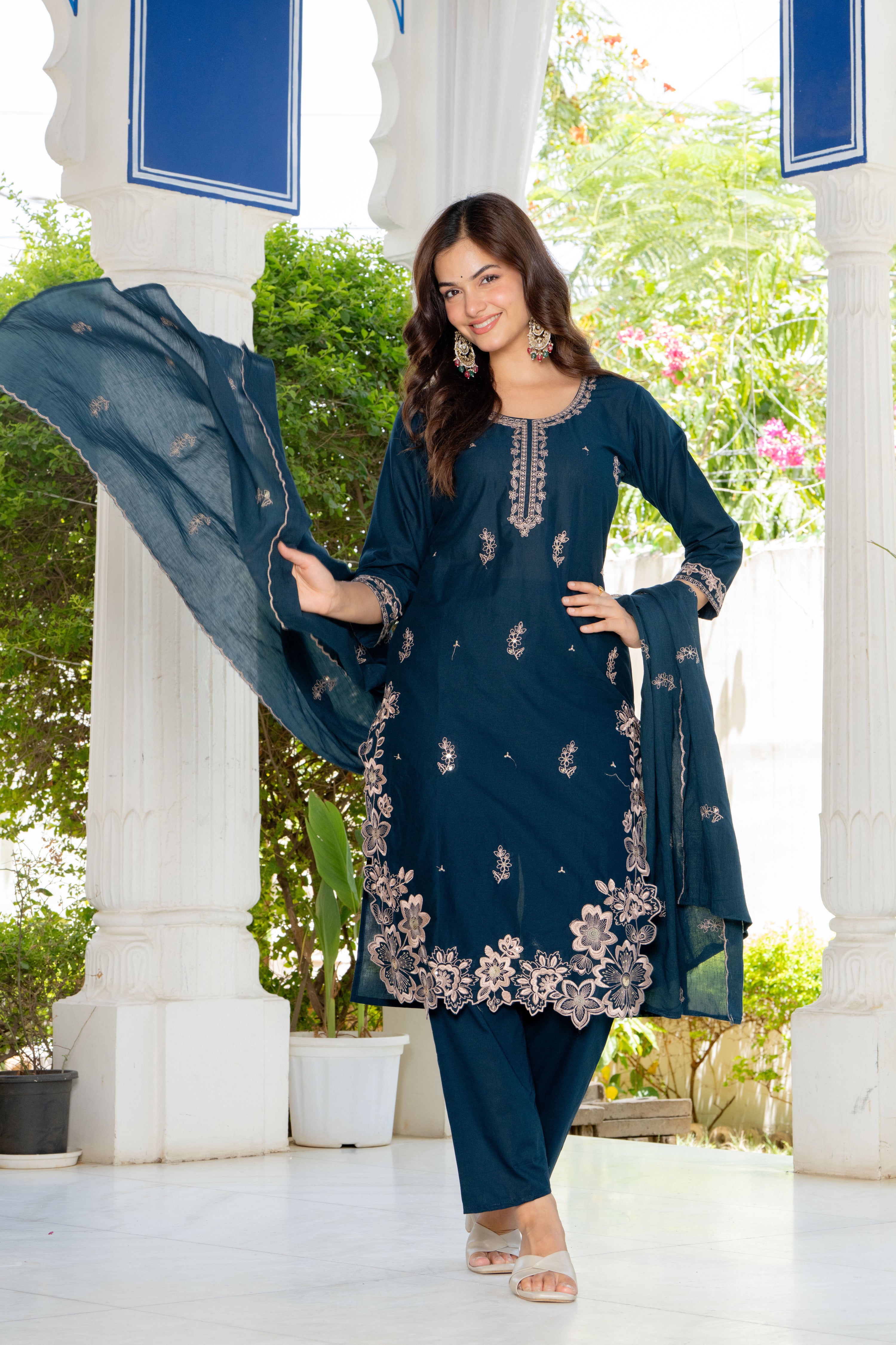 Navy Blue Embroidered Cotton Suit Set