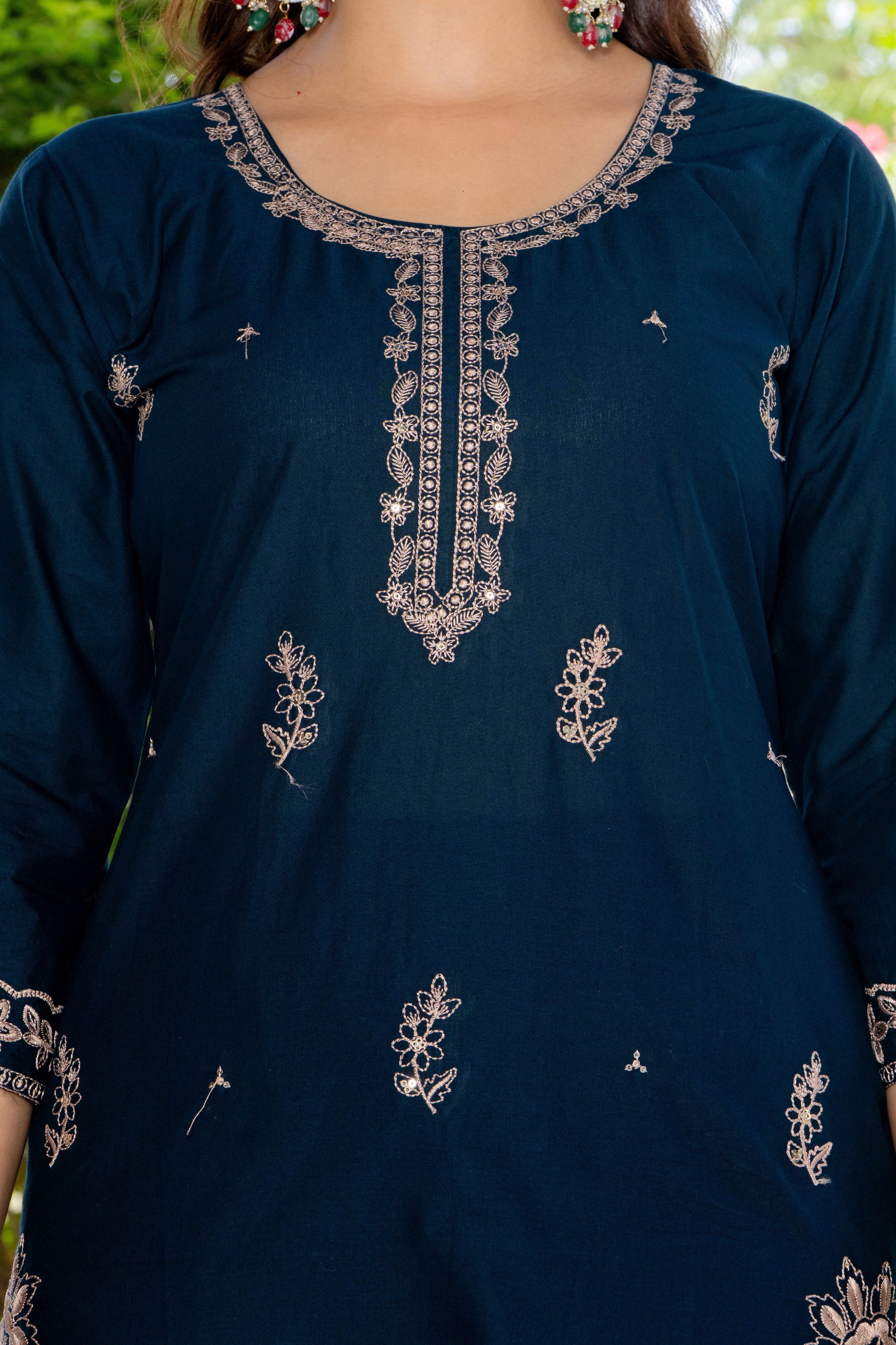 Navy Blue Embroidered Cotton Suit Set