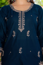 Navy Blue Embroidered Cotton Suit Set with Dupatta