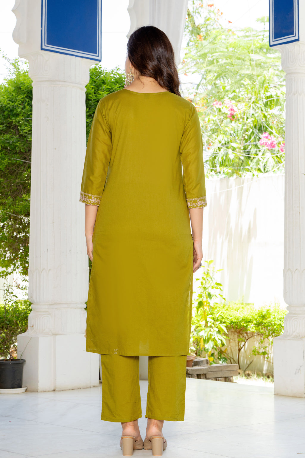 Green Embroidered Cotton Suit Set