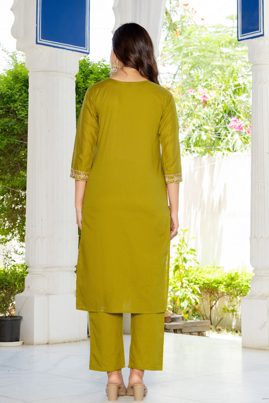 Green Embroidered Cotton Suit Set