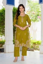 Green Embroidered Cotton Suit Set with Dupatta