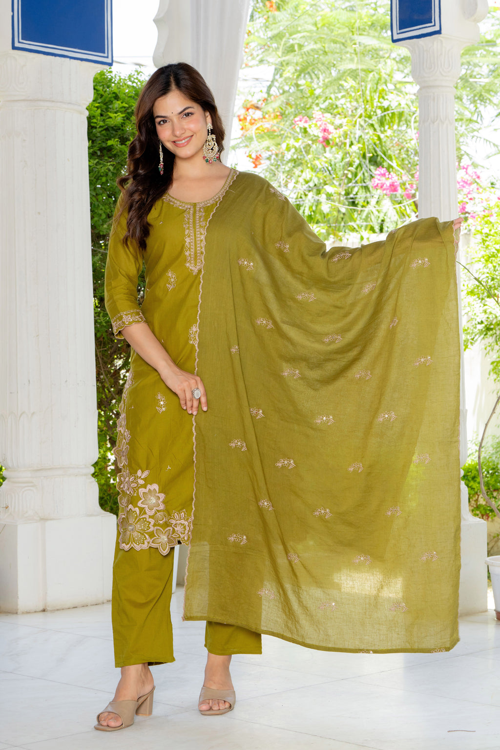 Green Embroidered Cotton Suit Set