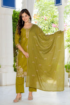 Green Embroidered Cotton Suit Set with Dupatta