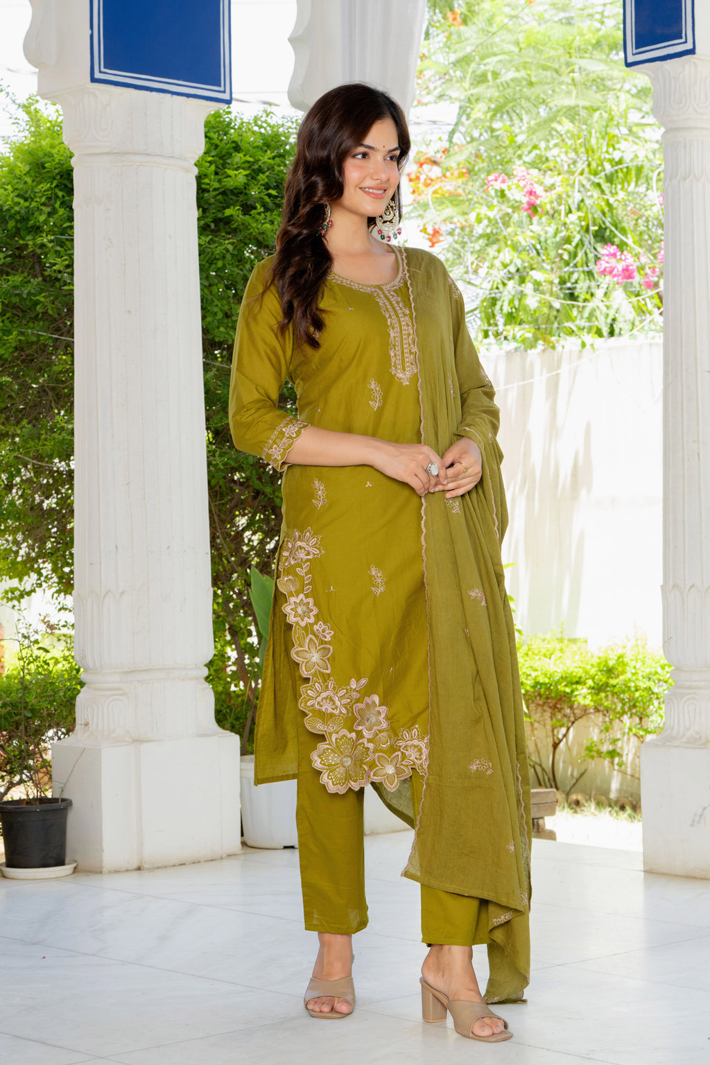 Green Embroidered Cotton Suit Set