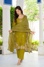 Green Embroidered Cotton Suit Set with Dupatta