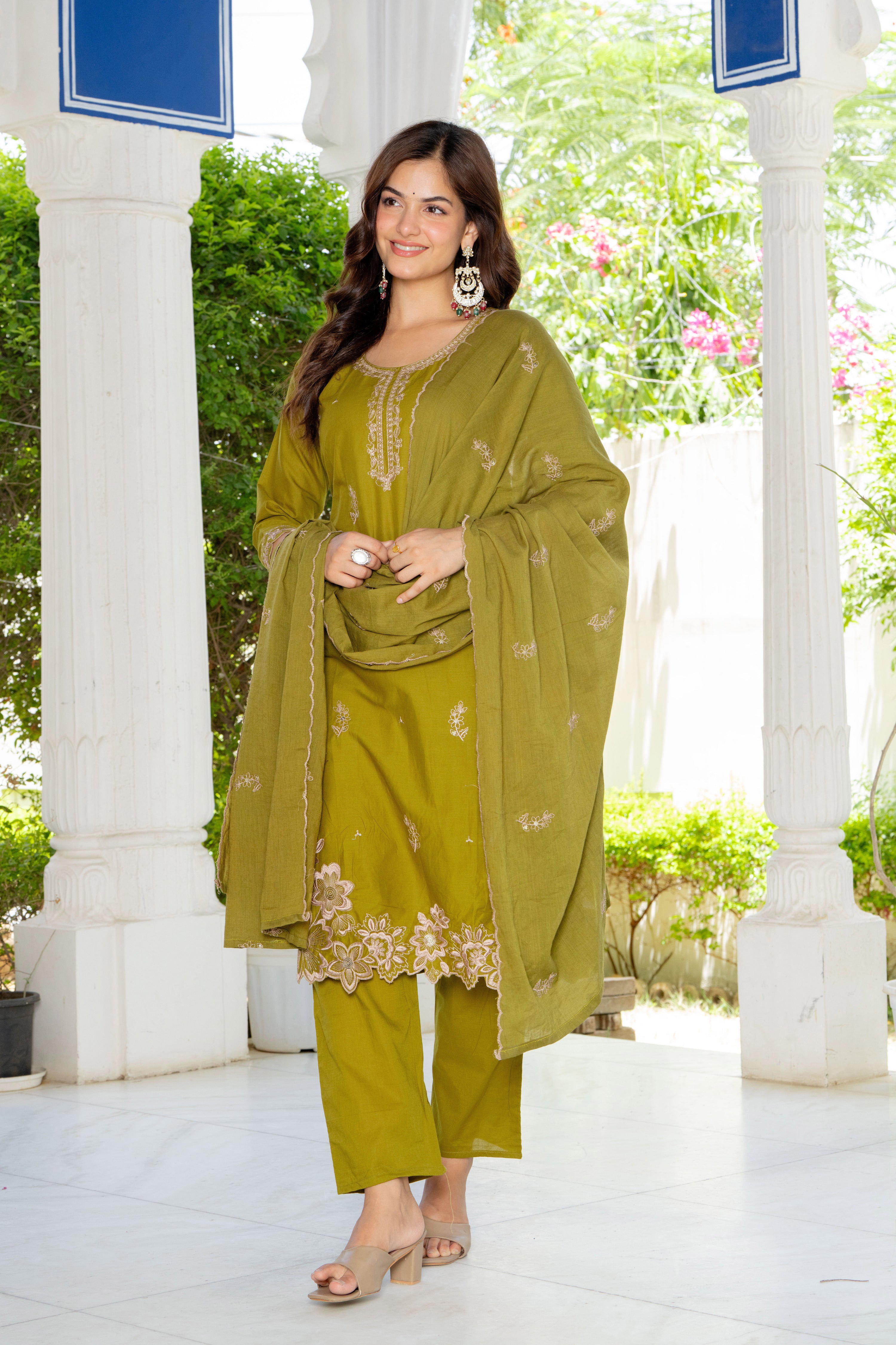 Green Embroidered Cotton Suit Set