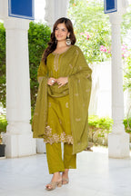 Green Embroidered Cotton Suit Set with Dupatta