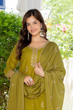 Green Embroidered Cotton Suit Set with Dupatta