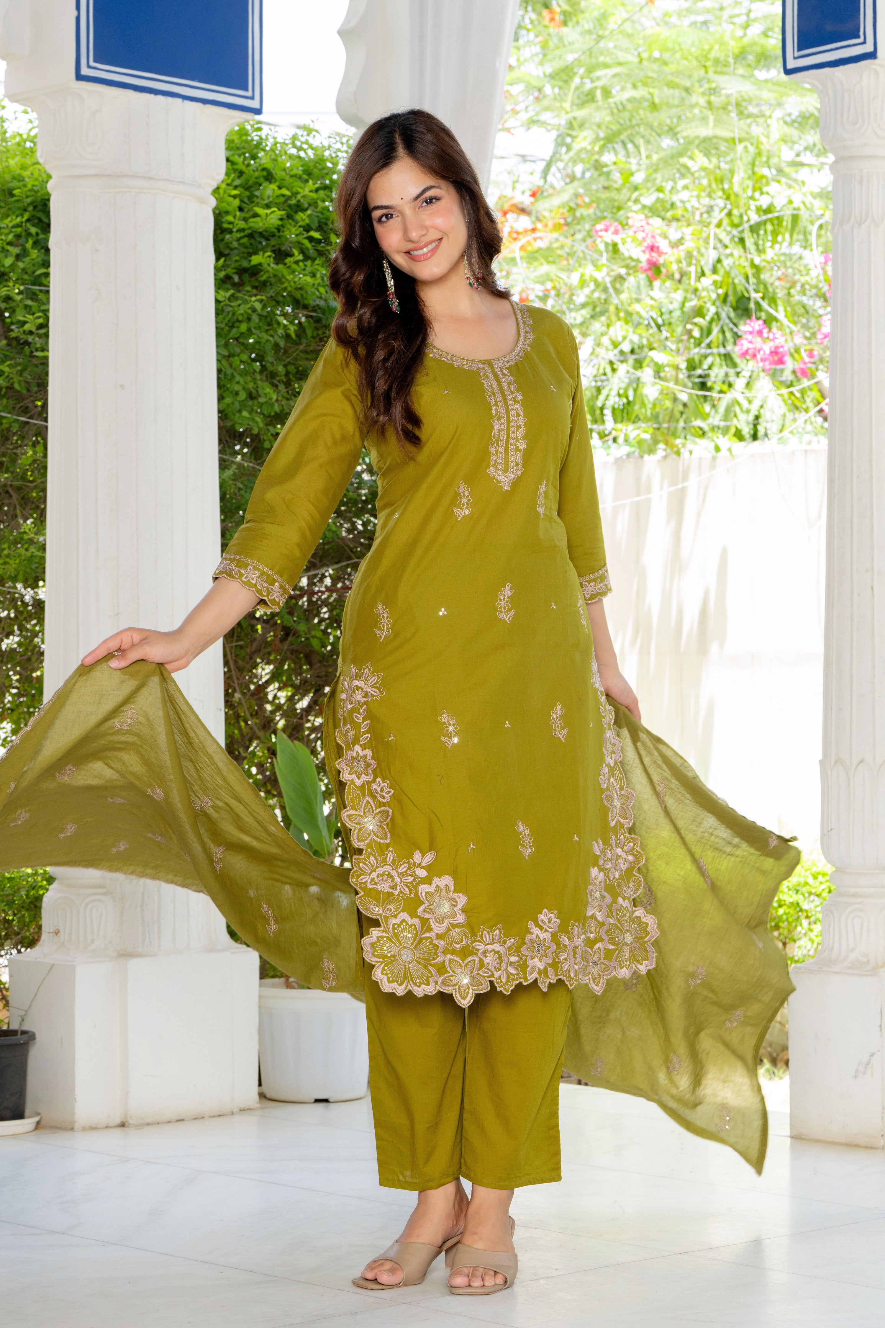 Green Embroidered Cotton Suit Set