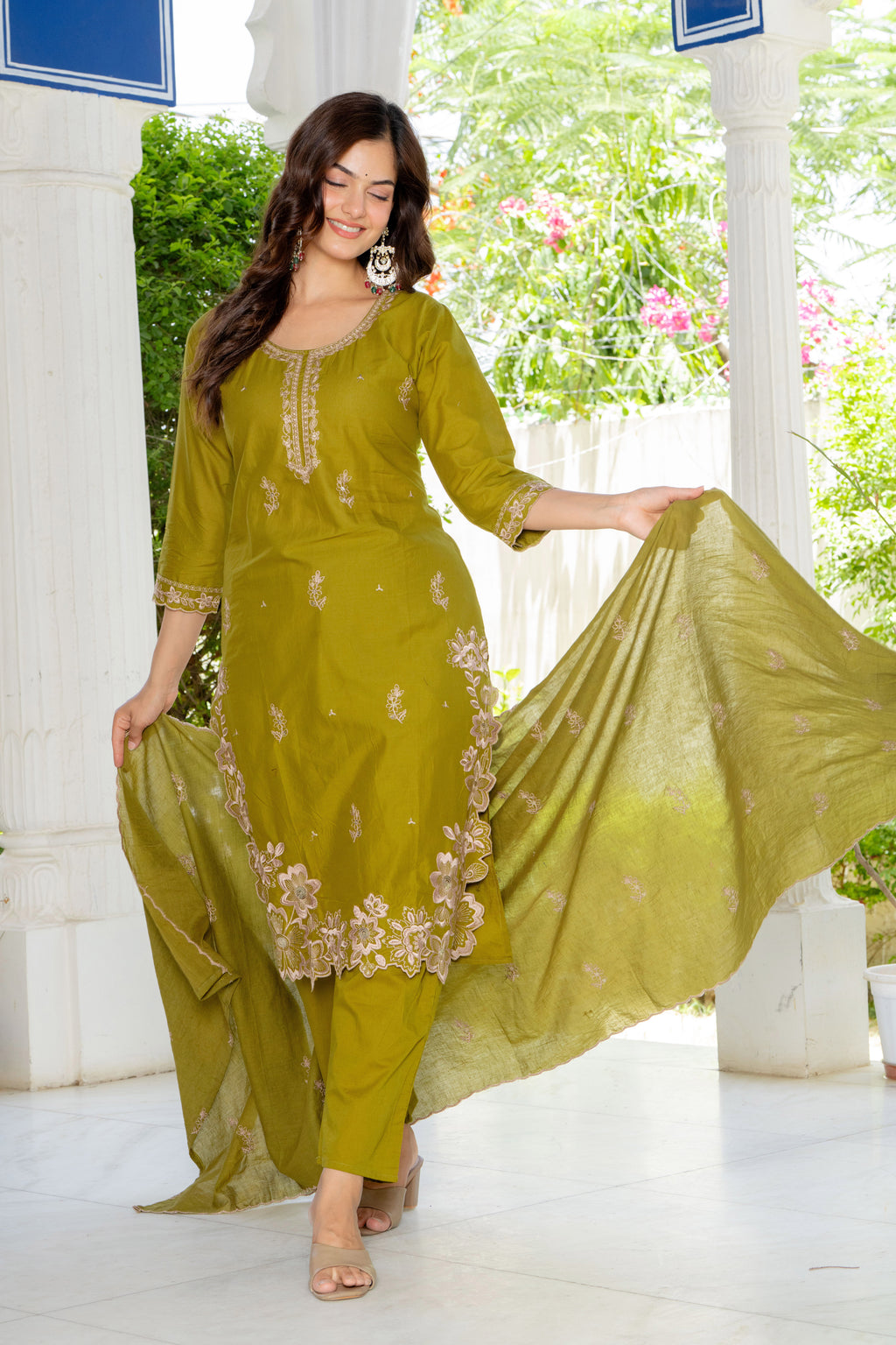 Green Embroidered Cotton Suit Set