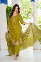 Green Embroidered Cotton Suit Set with Dupatta