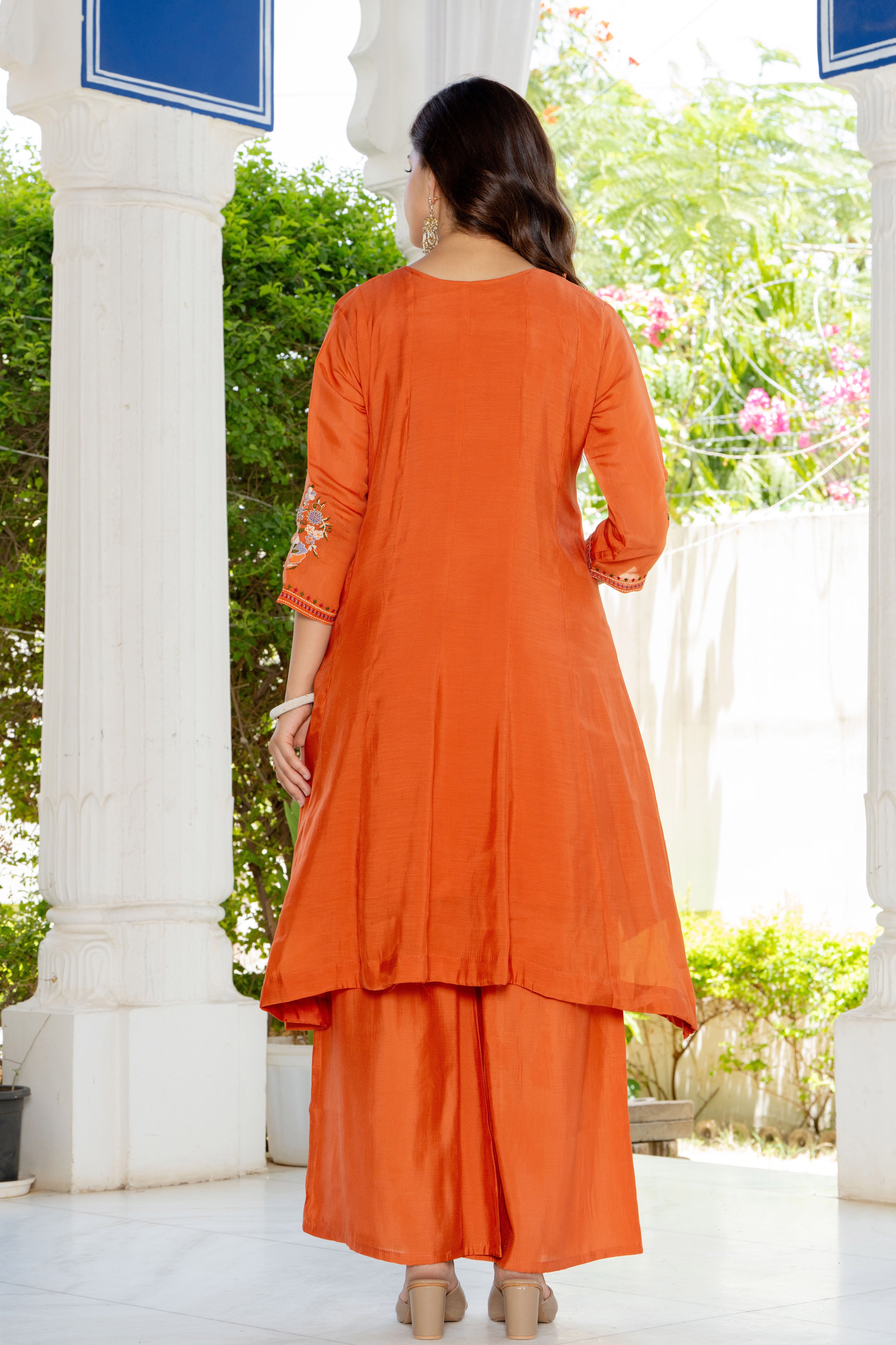 Rusty Orange Handwork Mal Chanderi Suit Set