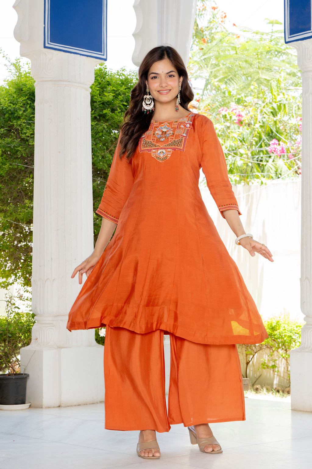 Rusty Orange Handwork Mal Chanderi Suit Set