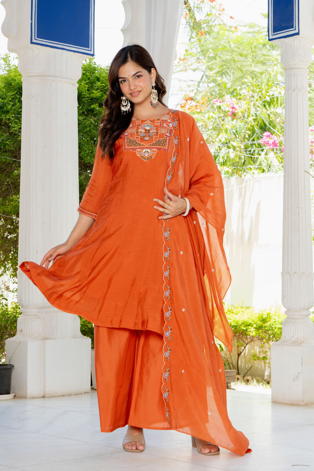 Rusty Orange Handwork Mal Chanderi Suit Set