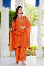 Rusty Orange Handwork Mal Chanderi Suit Set with Dupatta