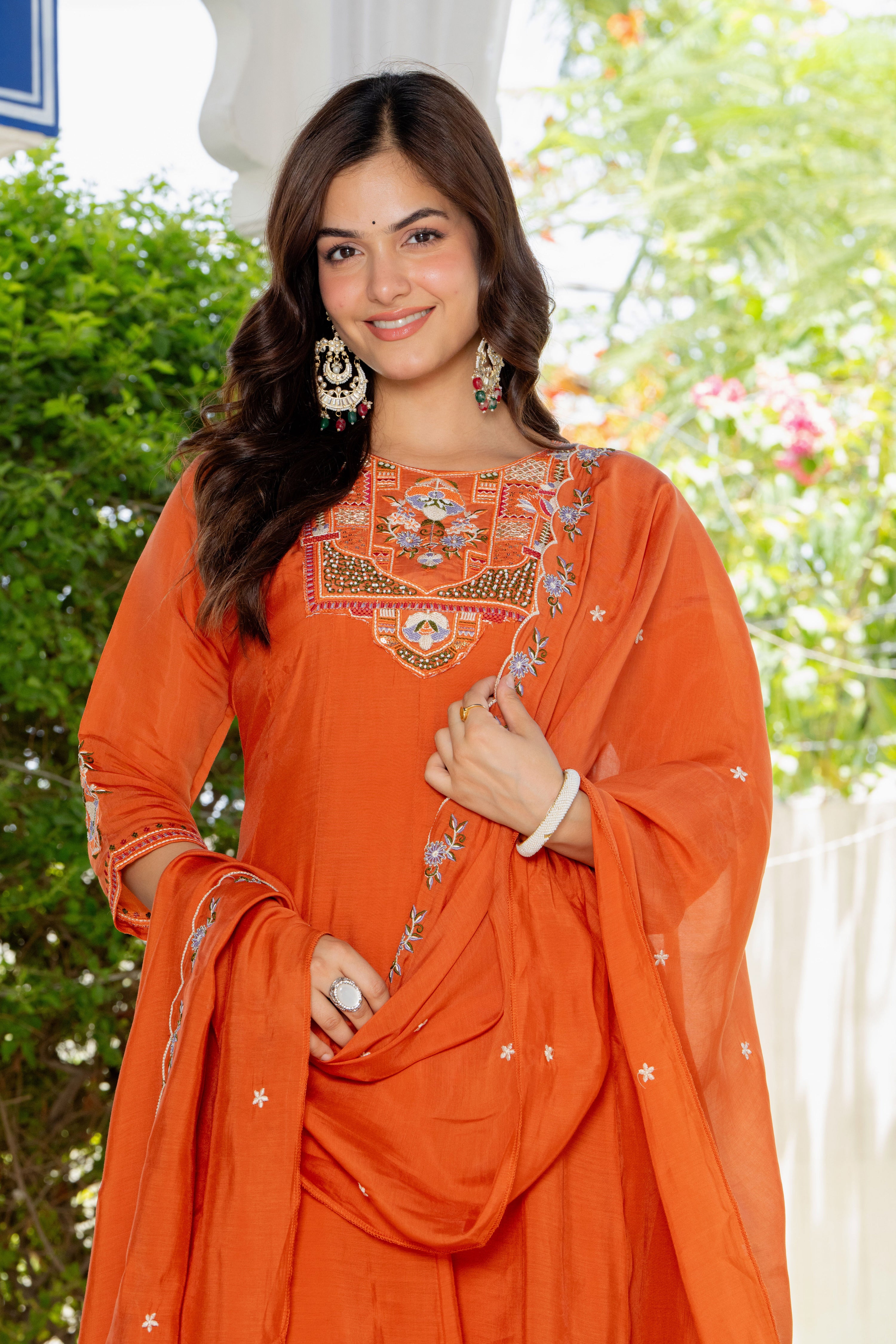 Rusty Orange Handwork Mal Chanderi Suit Set