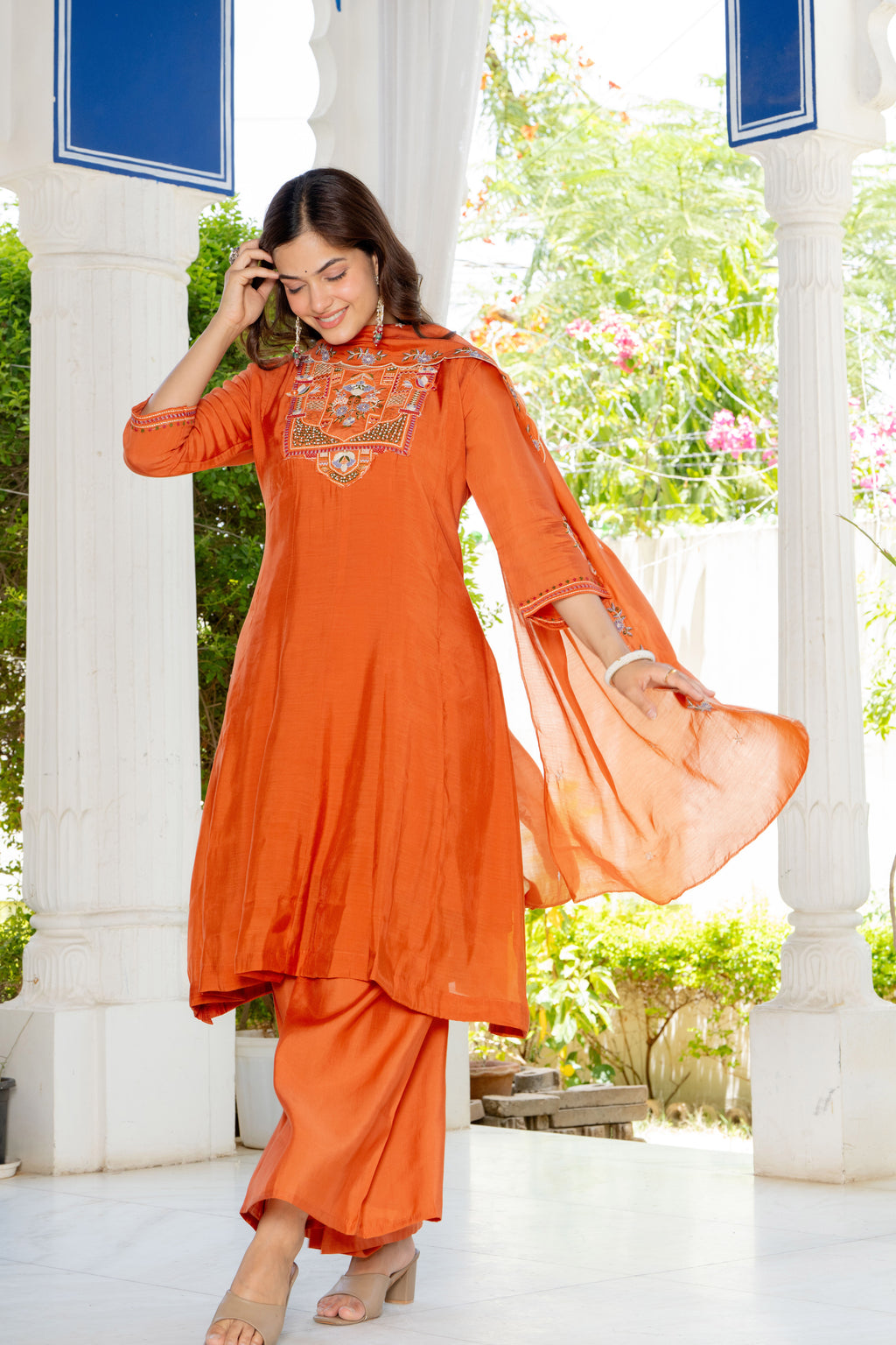 Rusty Orange Handwork Mal Chanderi Suit Set