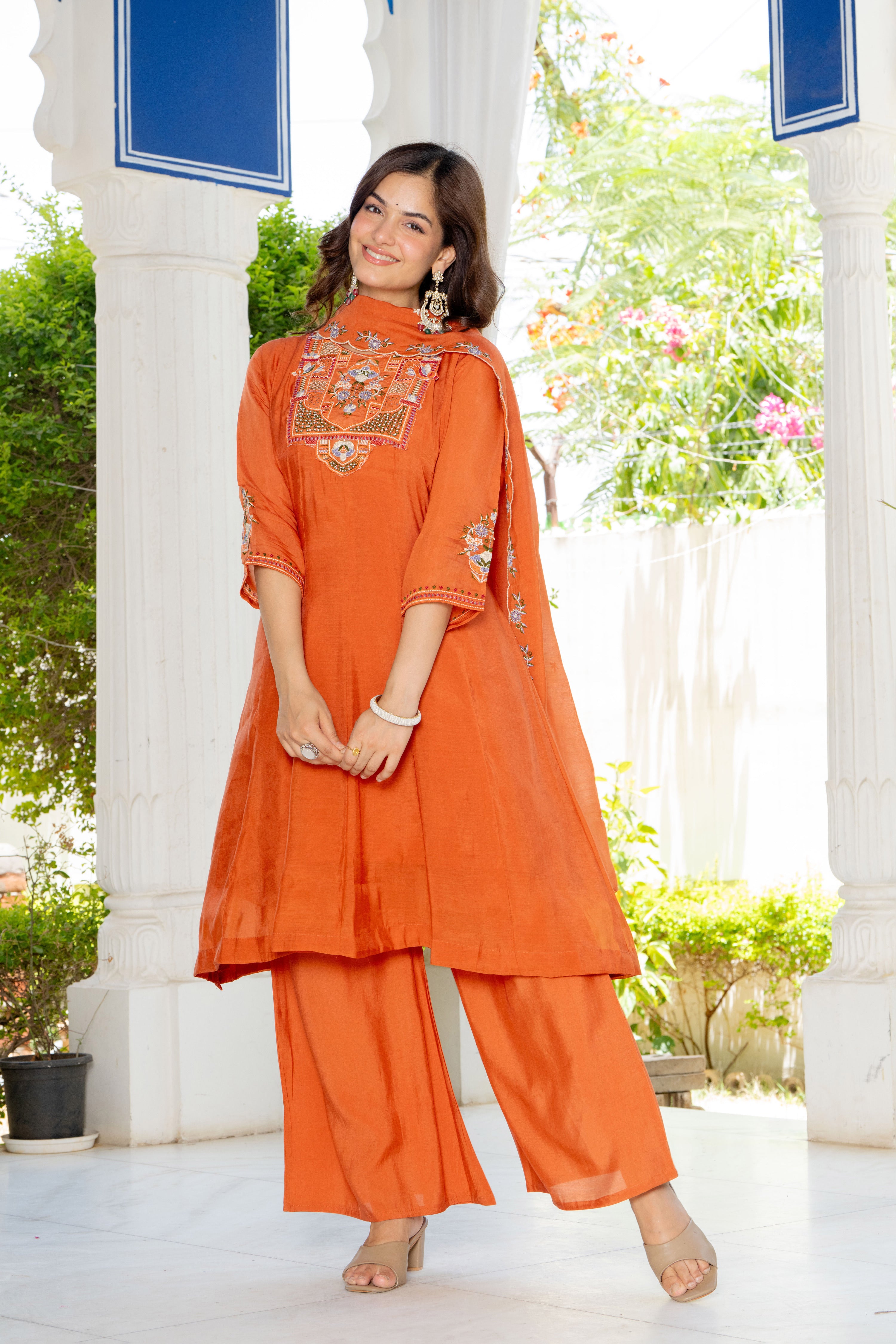 Rusty Orange Handwork Mal Chanderi Suit Set