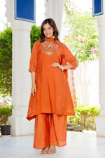 Rusty Orange Handwork Mal Chanderi Suit Set