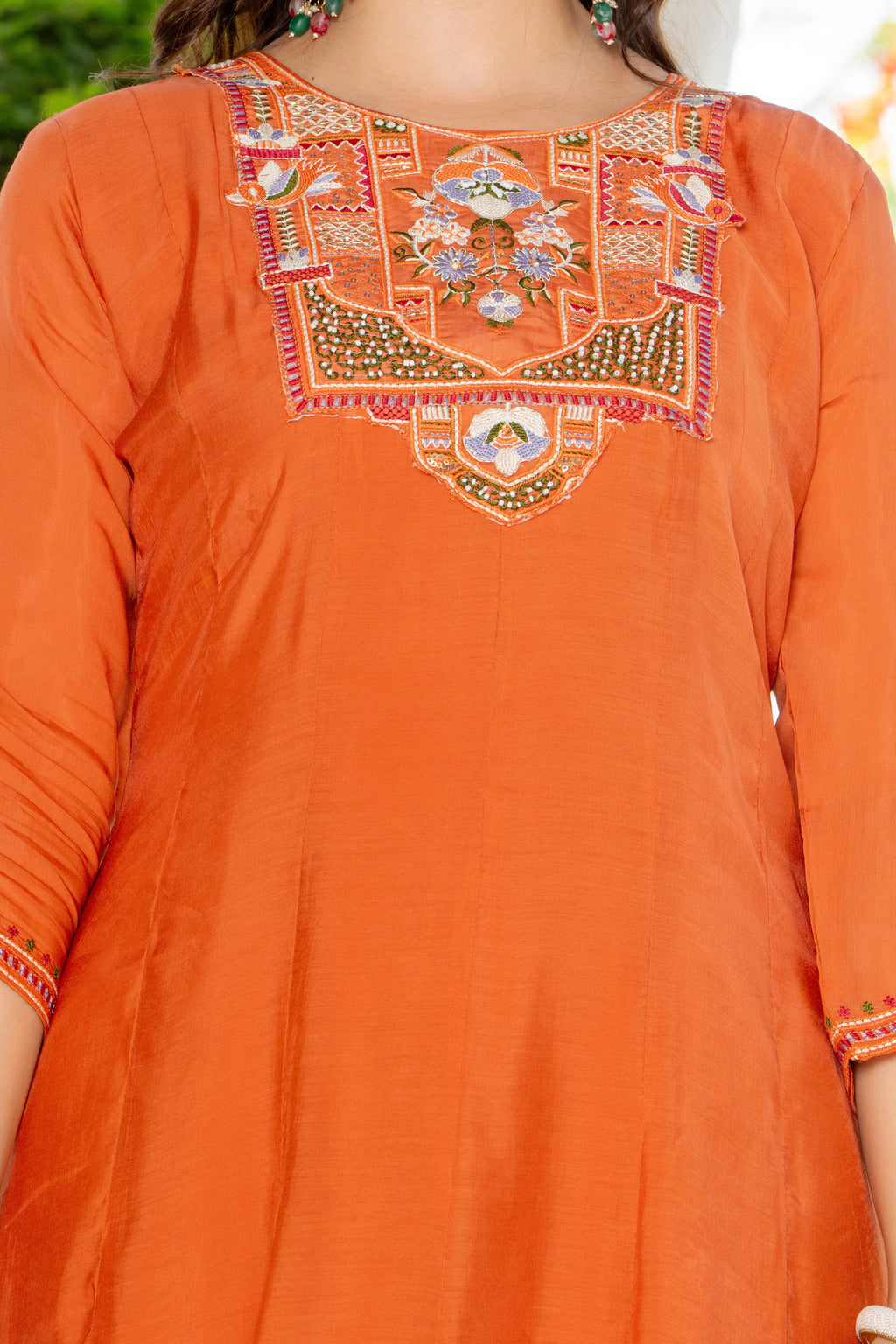 Rusty Orange Handwork Mal Chanderi Suit Set