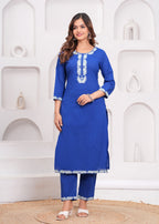 Lapis Blue Embroidered Cotton Suit Set with Dupatta