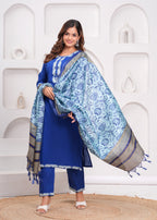 Lapis Blue Embroidered Cotton Suit Set with Dupatta