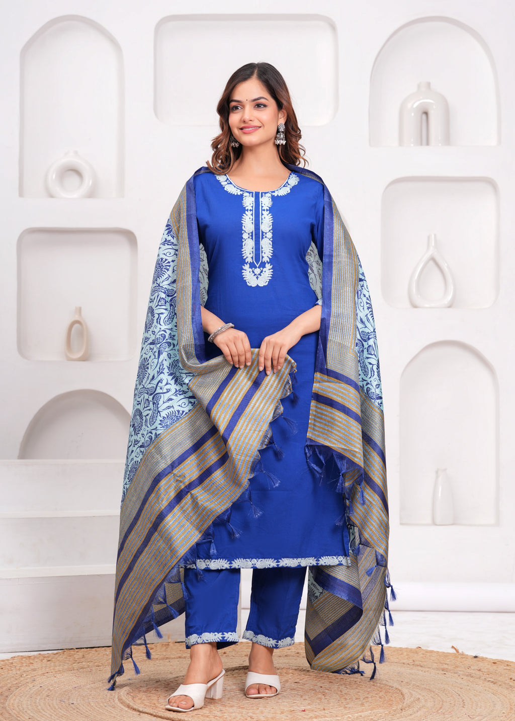 Lapis Blue Embroidered Cotton Suit Set with Dupatta