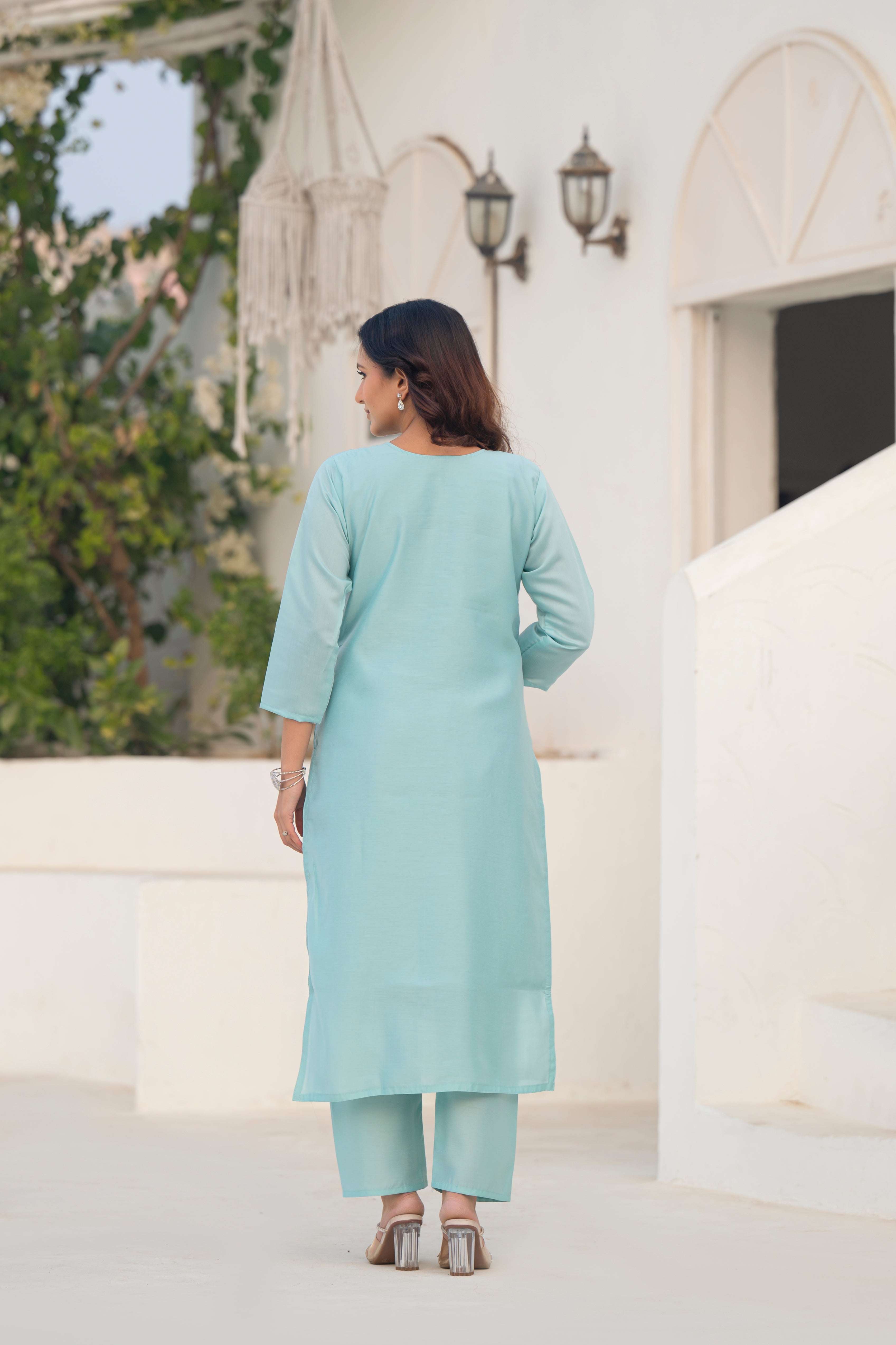 Coral Blue Embroidered Roman Silk Suit Set