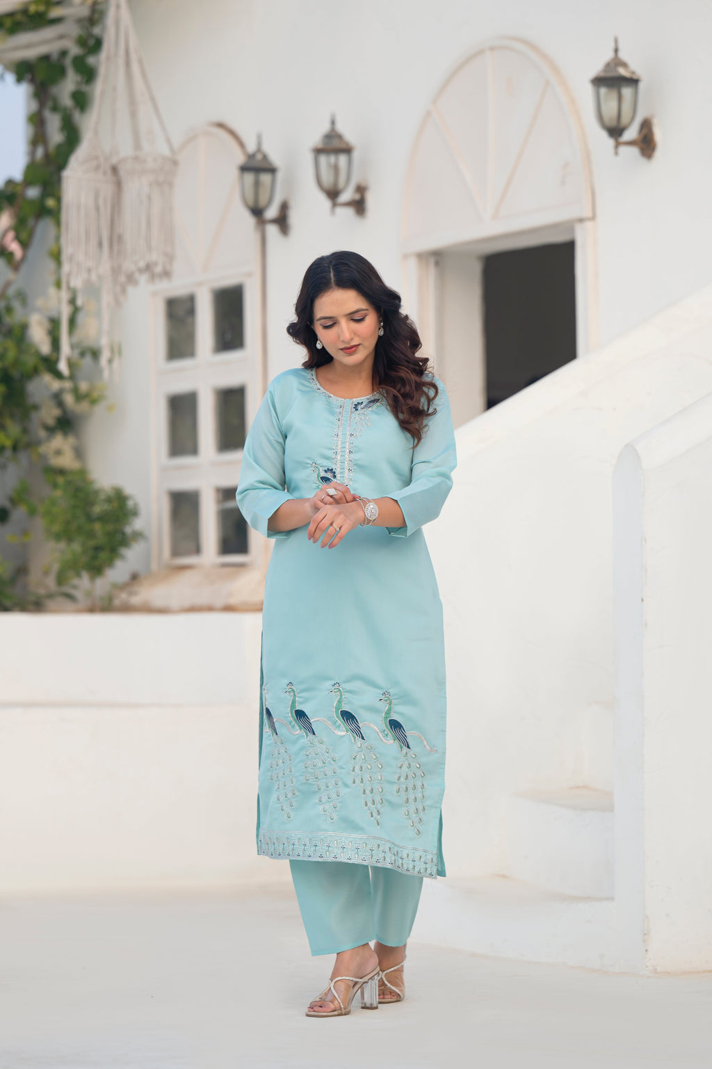 Coral Blue Embroidered Roman Silk Suit Set
