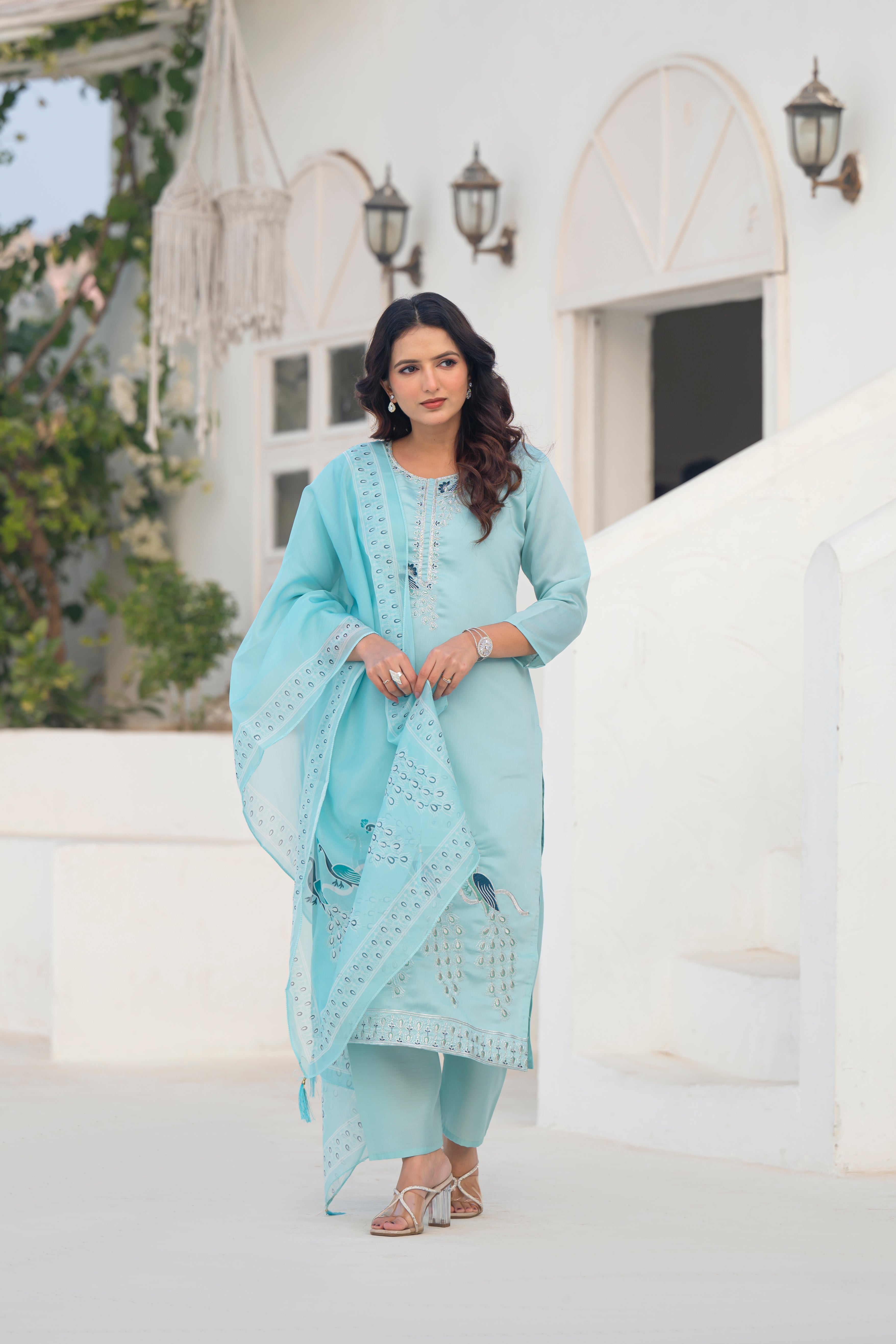 Coral Blue Embroidered Roman Silk Suit Set