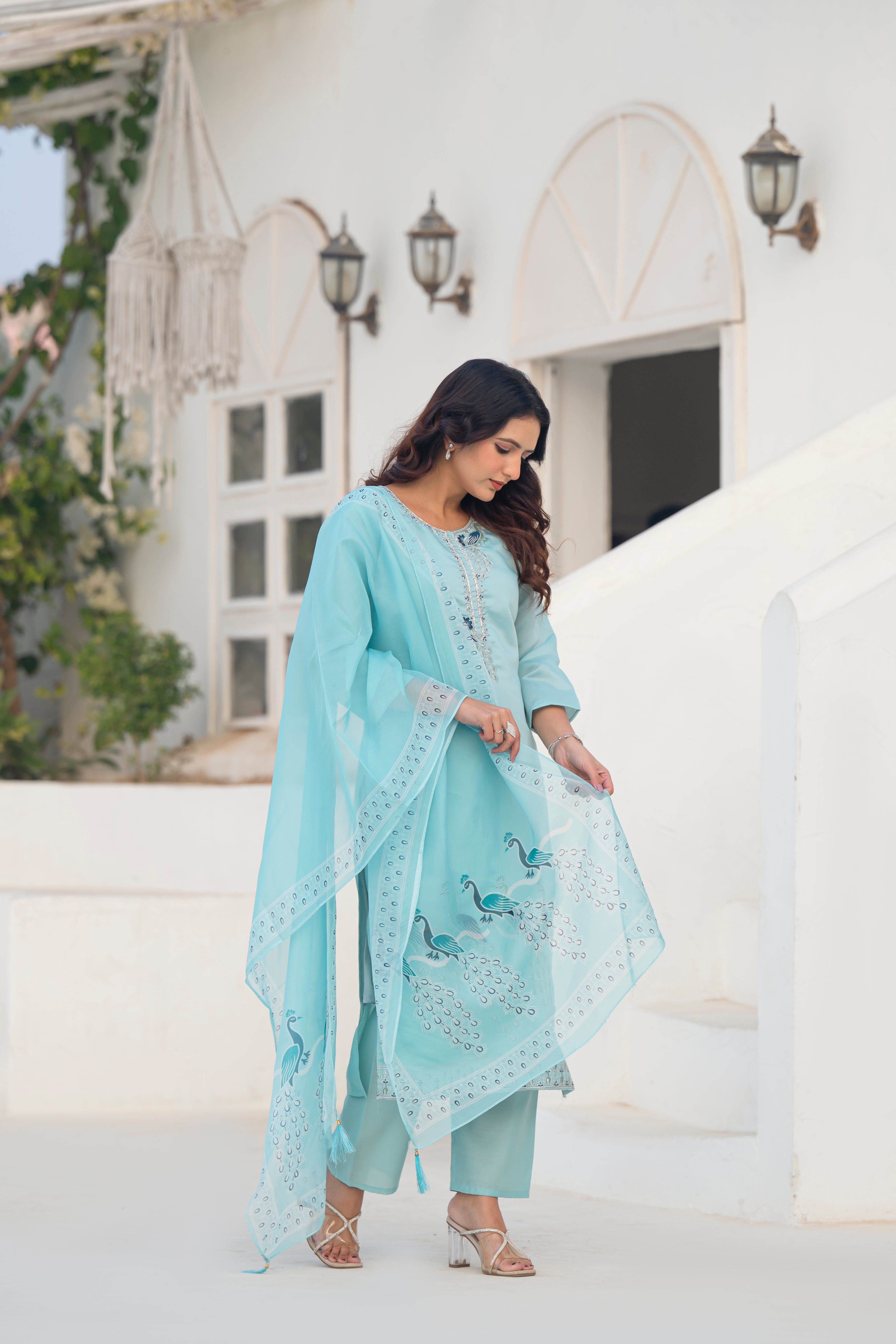 Coral Blue Embroidered Roman Silk Suit Set